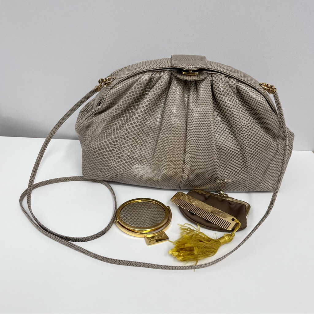 Vintage Judith Leiber Lizard Shoulder Bag Purse Taupe Change Purse Mirror Comb